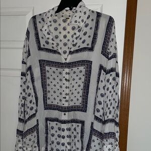 Free People Navy and White Geometric Blouse